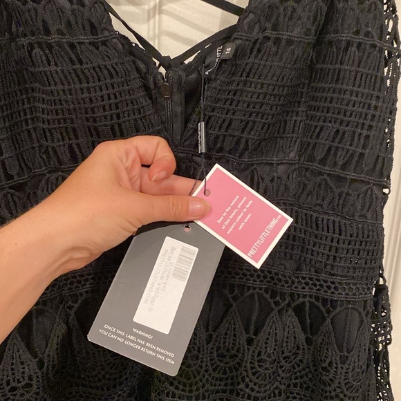 Long-sleeve off shoulder, Black Crochet Romper with tie straps down the back - Picture 6 of 11